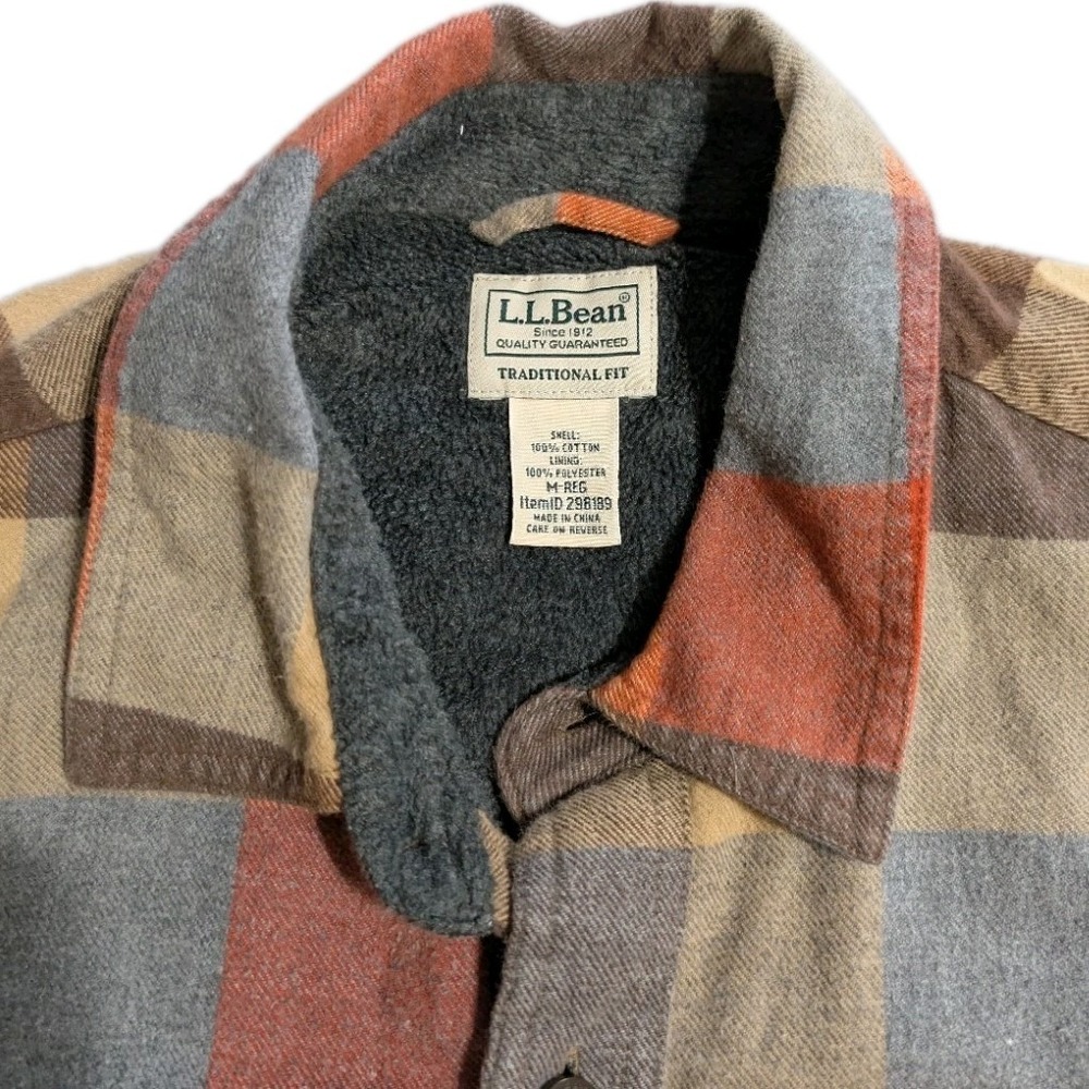LL Bean Fleece Lined Flannel Shirt Jacket Mens M Plaid Chamois - Picture 2 of 7